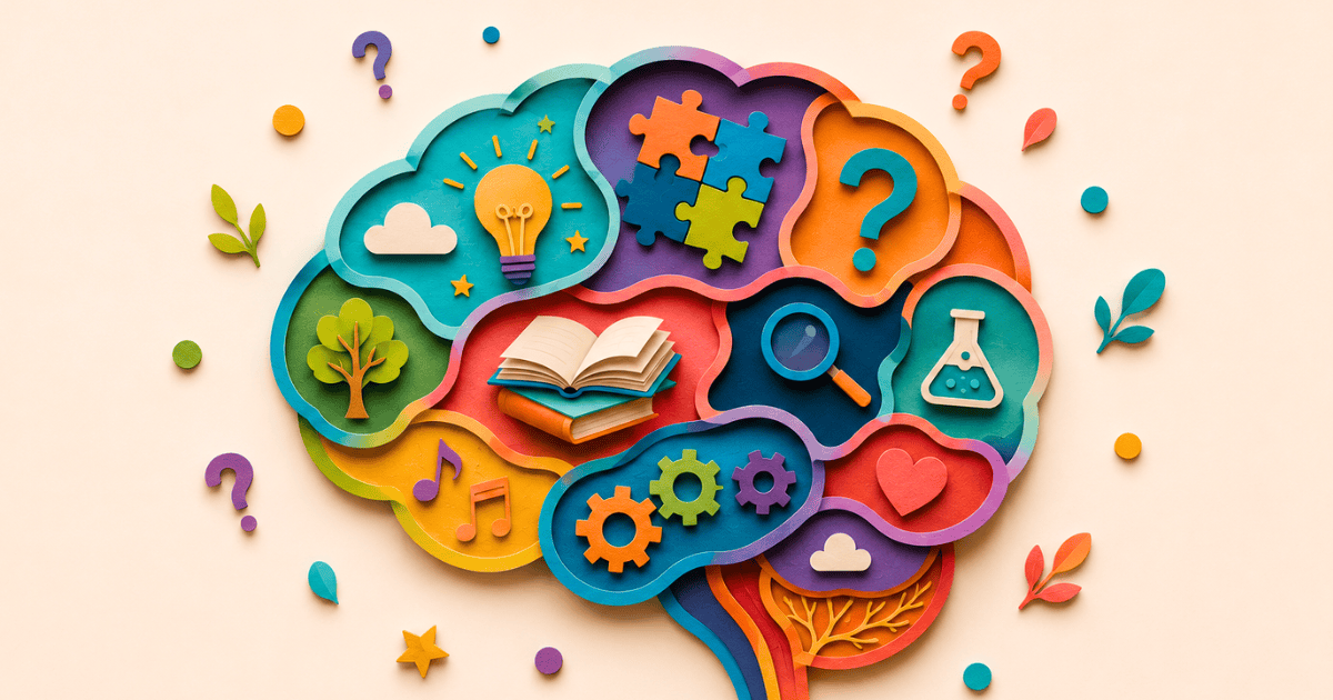 3D brain with question marks around it
