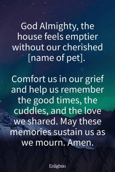 Prayers for Pets (for Grieving Hearts): God Almighty, the house feels emptier without our cherished [name of pet]. Comfort us in our grief and help us remember the good times, the cuddles, and the love we shared. May these memories sustain us as we mourn. Amen.